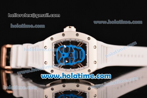 Richard Mille RM 52-01 Miyota 6T51 Automatic Rose Gold Case with Blue Skull Dial and White Rubber Bracelet - Click Image to Close